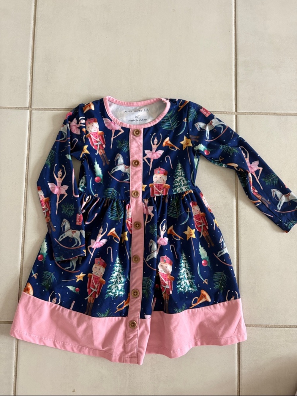 Millie Loves Lily Nutcracker Print Pink Trim Button Dress